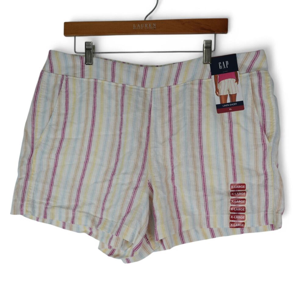 Gap Linen Shorts Womens XL Striped Pockets Elastic Waist Stretch 4" Inseam New‎